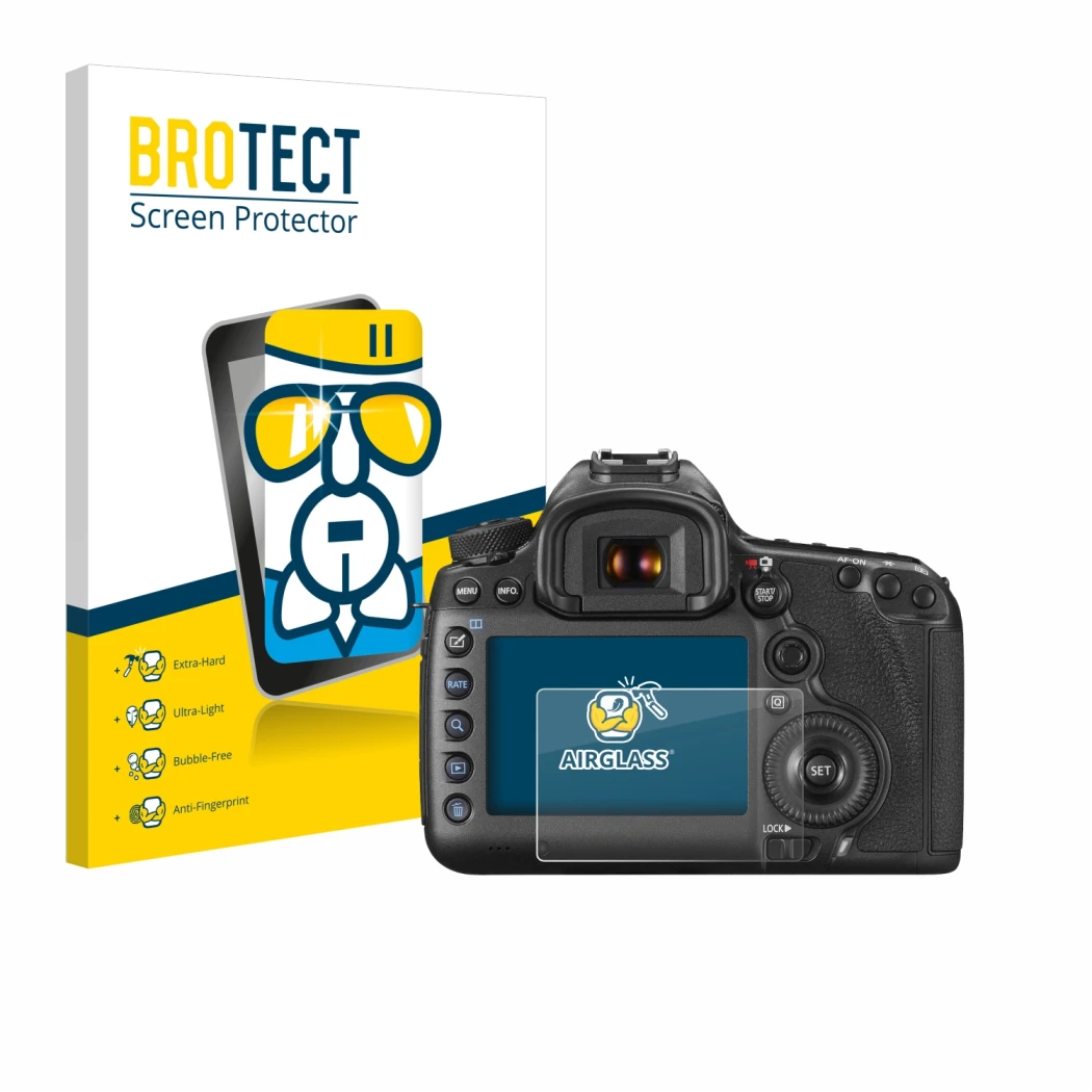 Front side of a product packaging with the brand logo BROTECT. Next to it is the device Canon EOS 5DS R shown with the corresp