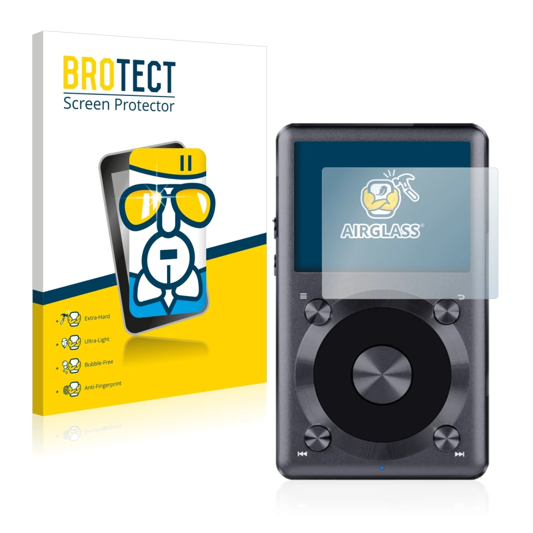Front side of a product packaging with the brand logo BROTECT. Next to it is the device FiiO X3 II shown with the correspondin