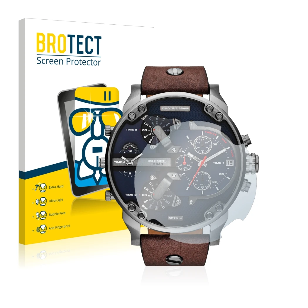 Front side of a product packaging with the brand logo BROTECT. Next to it is the device Diesel DZ7314 Mr. Daddy shown with the