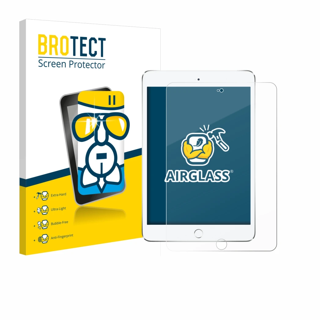 Front side of a product packaging with the brand logo BROTECT. Next to it is the device Apple iPad Mini 4 2015 shown with the 