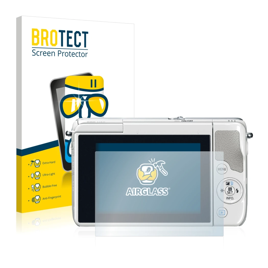 Front side of a product packaging with the brand logo BROTECT. Next to it is the device Canon EOS M10 shown with the correspon