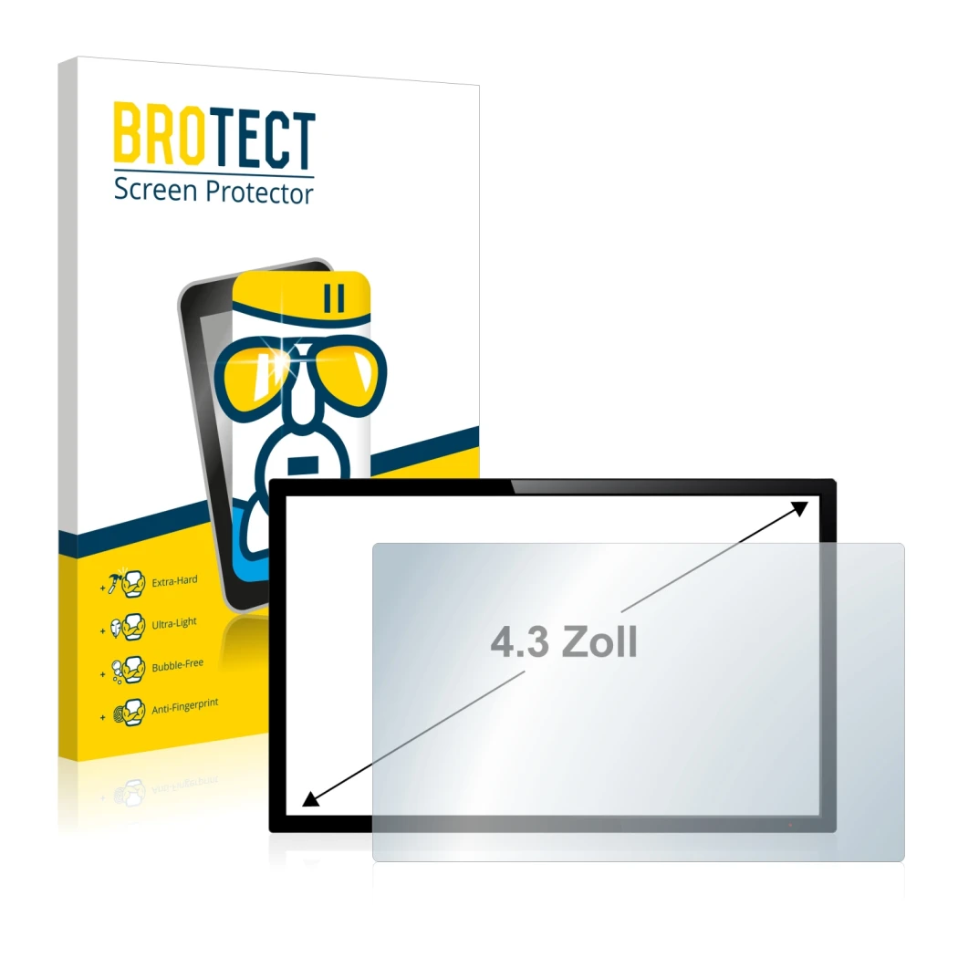 Front side of a product packaging with the brand logo BROTECT. Next to it is the device shown with the corresponding screen pr