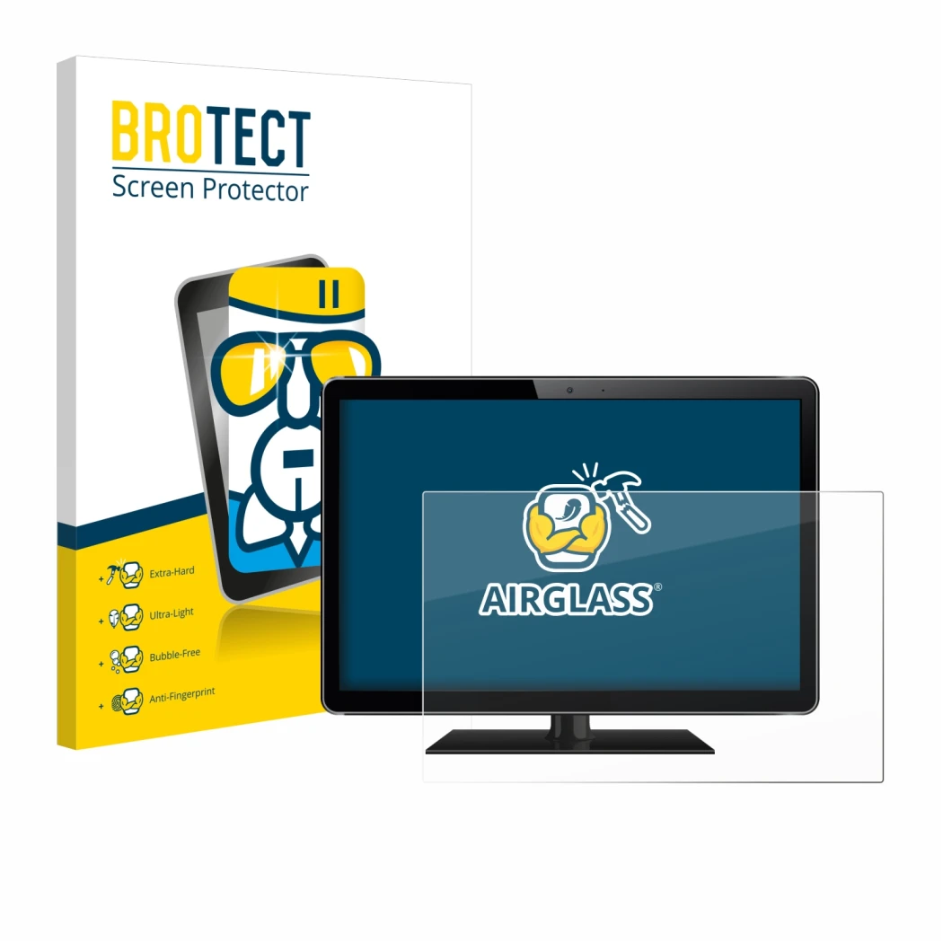Front side of a product packaging with the brand logo BROTECT. Next to it is the device shown with the corresponding screen pr