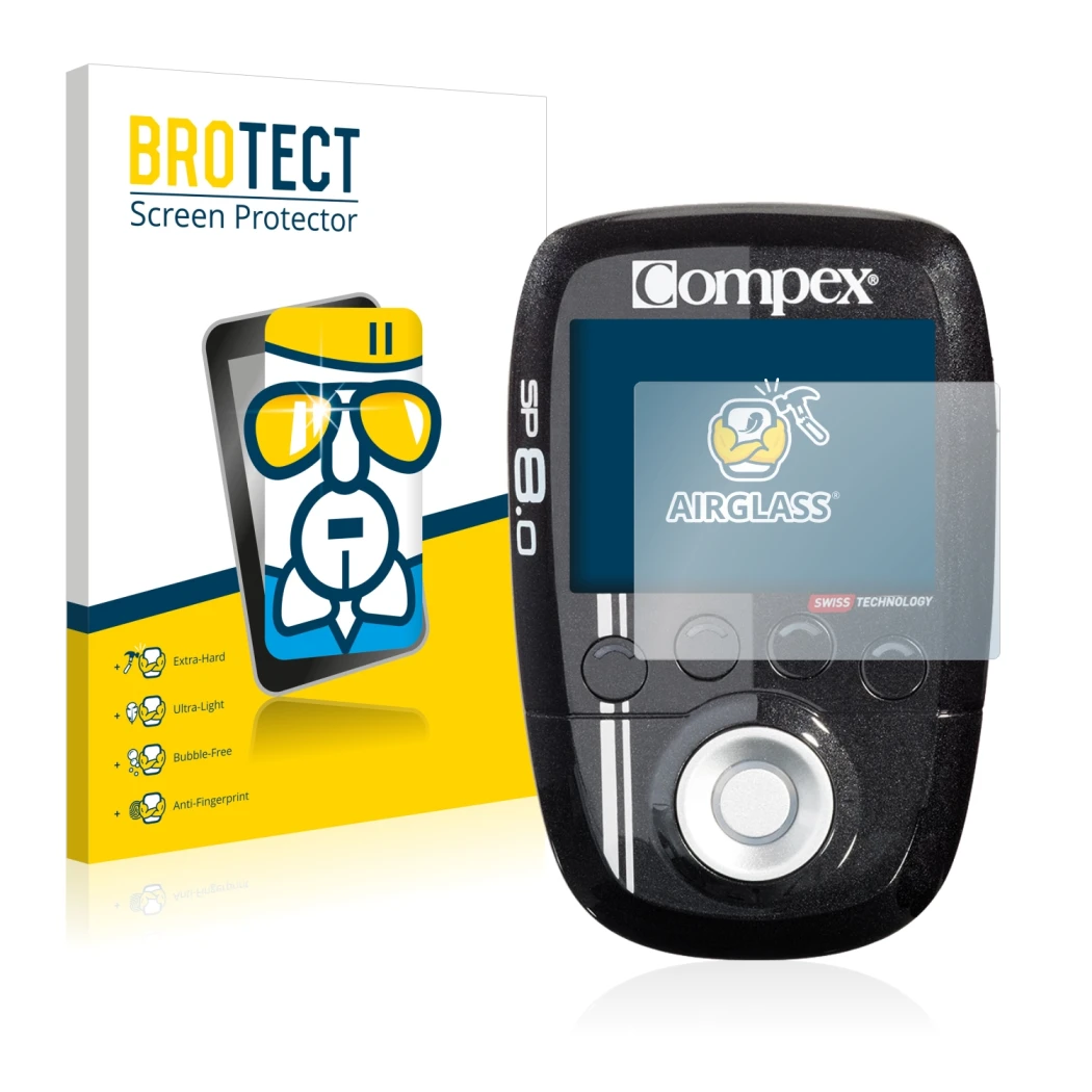 Front side of a product packaging with the brand logo BROTECT. Next to it is the device Compex SP 8.0 shown with the correspon