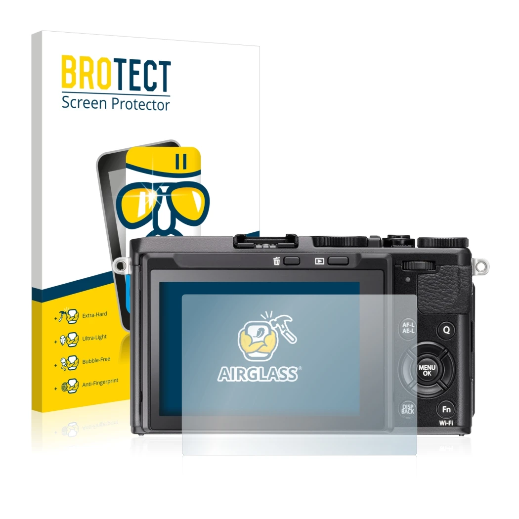 Front side of a product packaging with the brand logo BROTECT. Next to it is the device Fujifilm FinePix X70 shown with the co