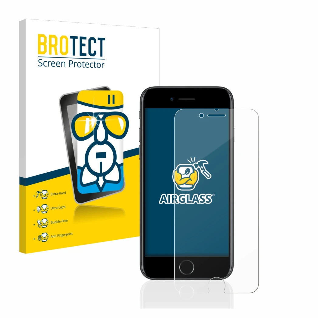 Front side of a product packaging with the brand logo BROTECT. Next to it is the device Apple iPhone 7 shown with the correspo