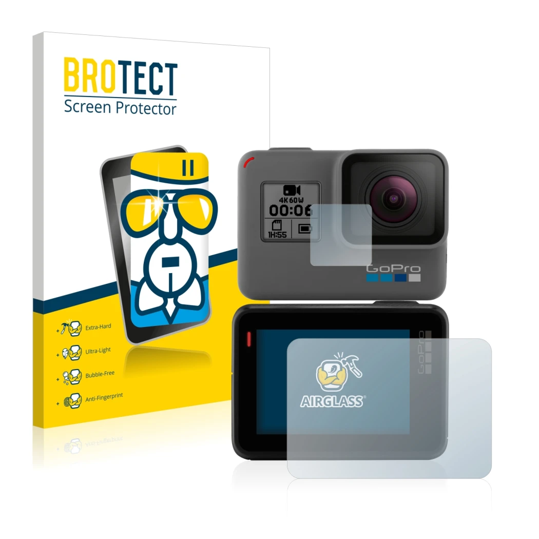 Front side of a product packaging with the brand logo BROTECT. Next to it is the device GoPro Hero 5 Black shown with the corr