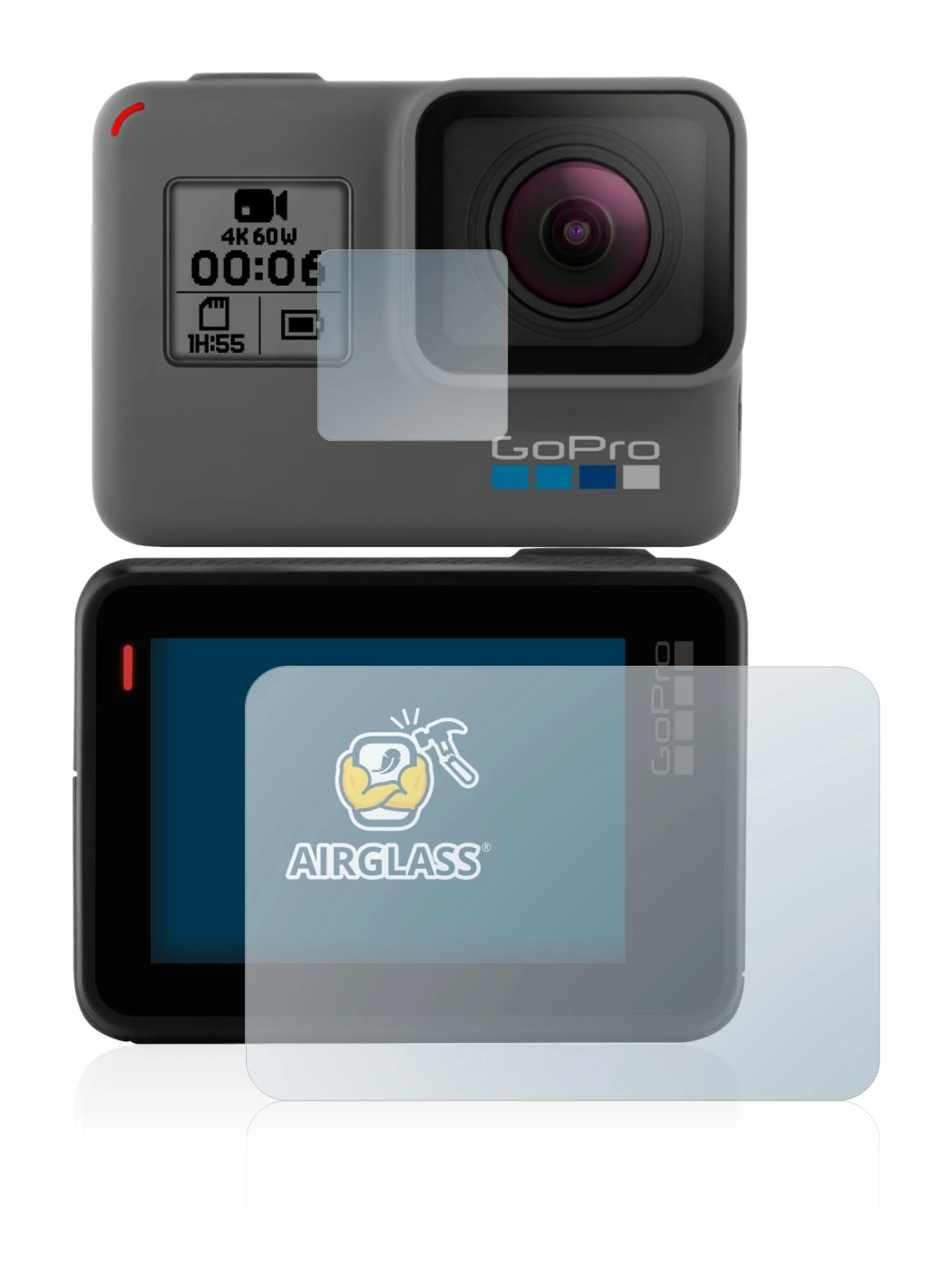 Image of the device GoPro Hero 5 Black with a wide variety of screen protectors.