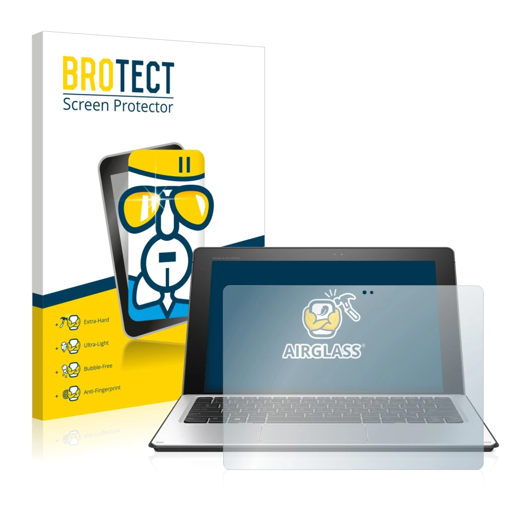 Front side of a product packaging with the brand logo BROTECT. Next to it is the device HP Elite x2 1012 G1 shown with the cor