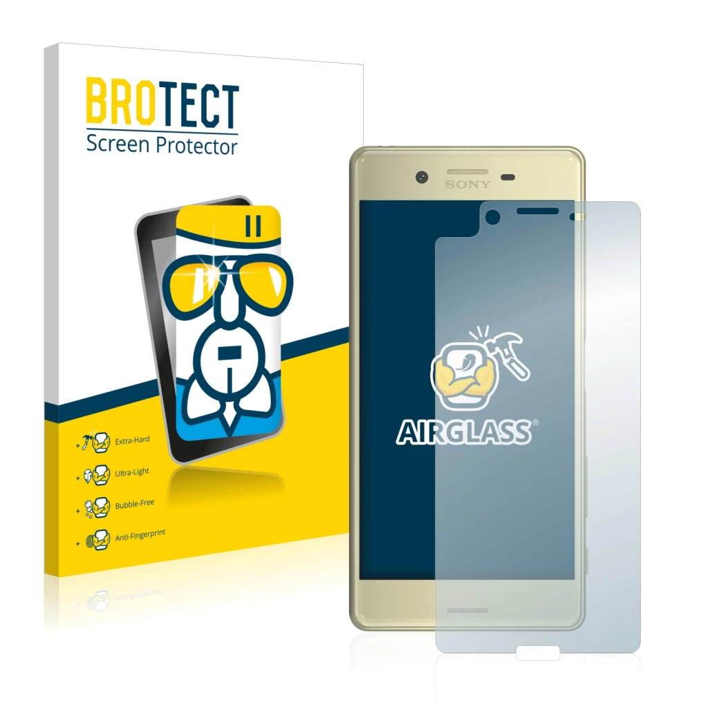 Front side of a product packaging with the brand logo BROTECT. Next to it is the device Sony Xperia X shown with the correspon