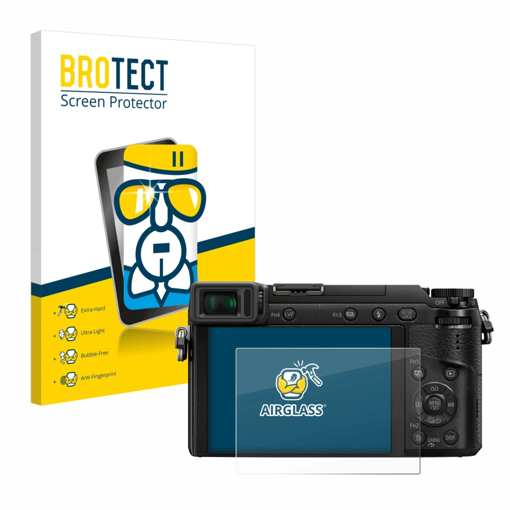 Front side of a product packaging with the brand logo BROTECT. Next to it is the device Panasonic Lumix DMC-GX80 shown with th