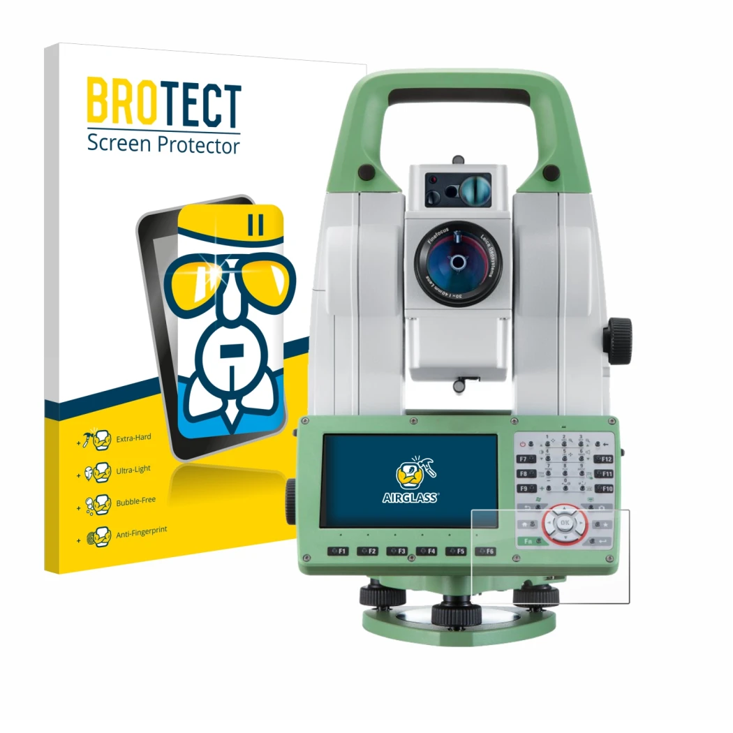 Front side of a product packaging with the brand logo BROTECT. Next to it is the device Leica Viva TS16 shown with the corresp