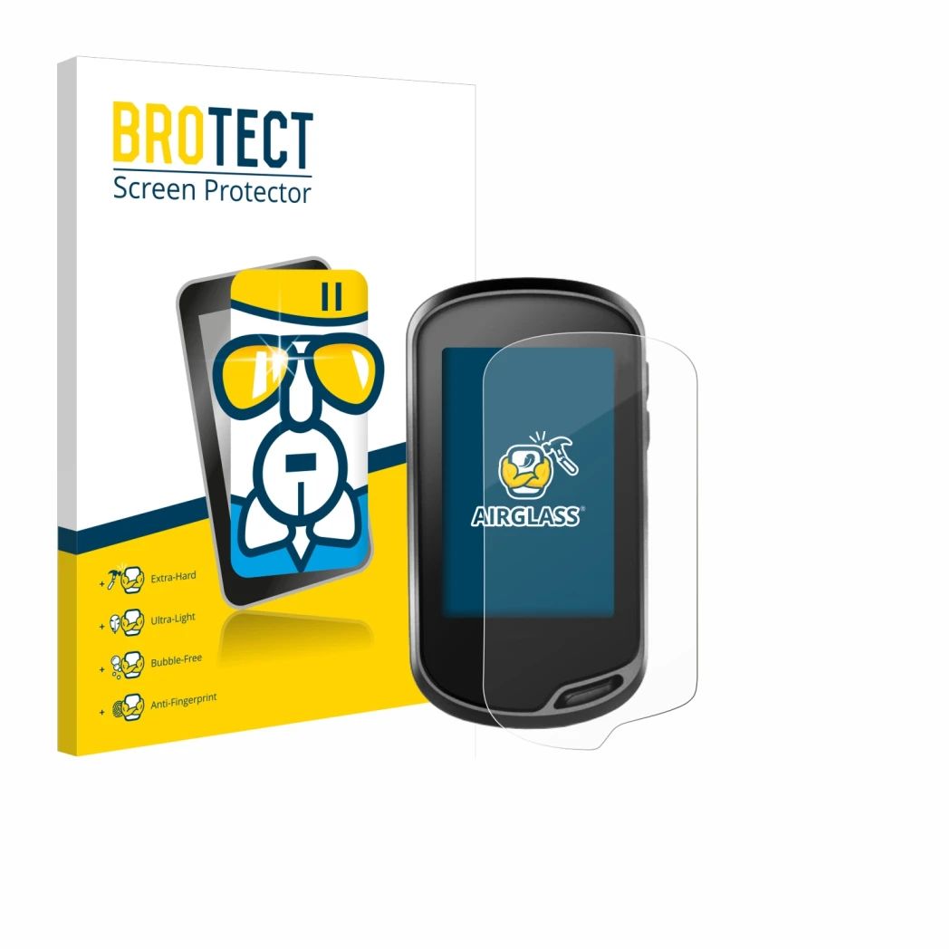 Front side of a product packaging with the brand logo BROTECT. Next to it is the device Garmin Oregon 700 shown with the corre