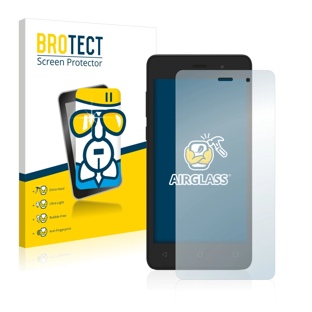 Front side of a product packaging with the brand logo BROTECT. Next to it is the device Archos 45d Platinum shown with the cor
