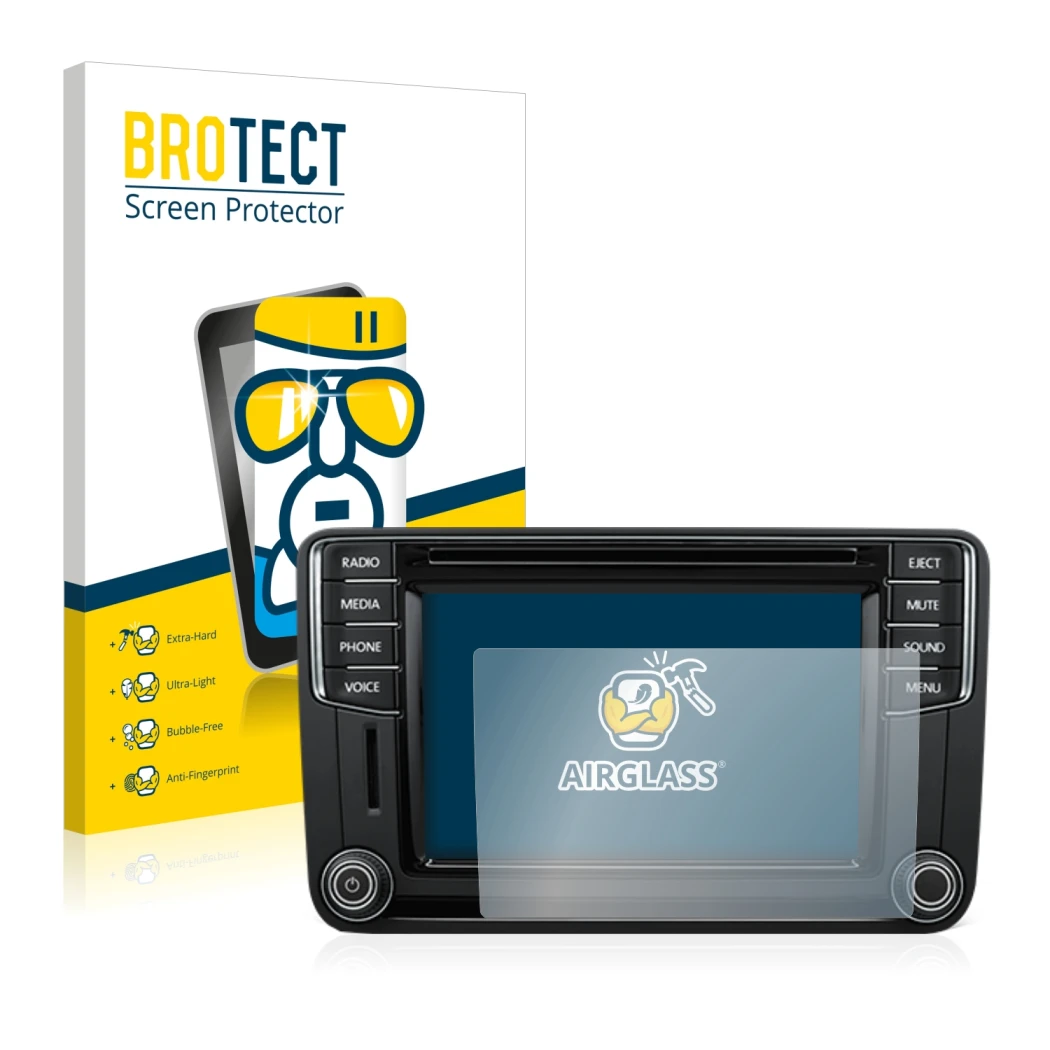 Front side of a product packaging with the brand logo BROTECT. Next to it is the device Volkswagen T6 2015 Discover Media Plus