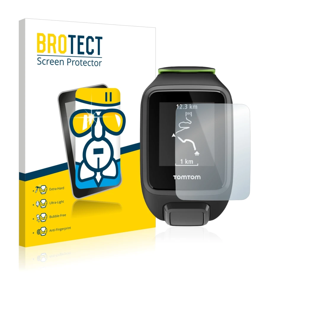 Front side of a product packaging with the brand logo BROTECT. Next to it is the device TomTom Runner 3 shown with the corresp