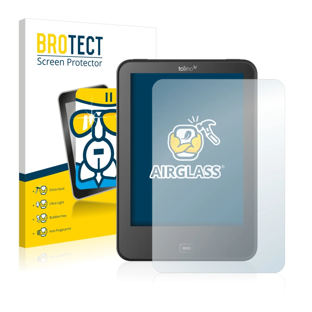 Front side of a product packaging with the brand logo BROTECT. Next to it is the device Tolino Vision 4 HD shown with the corr
