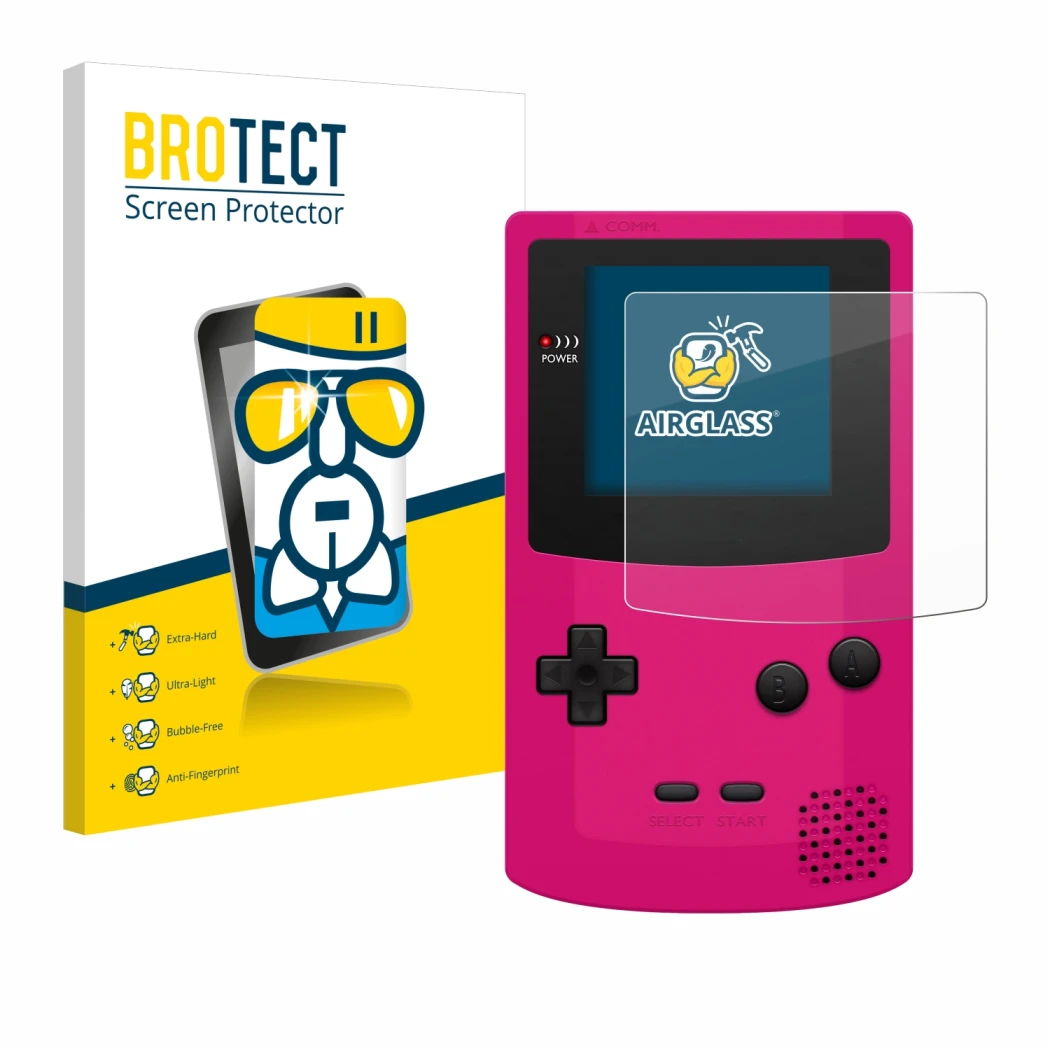 Front side of a product packaging with the brand logo BROTECT. Next to it is the device Nintendo Gameboy Color shown with the 