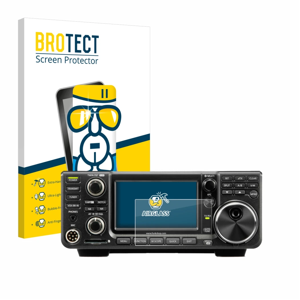 Front side of a product packaging with the brand logo BROTECT. Next to it is the device Icom IC-7300 shown with the correspond