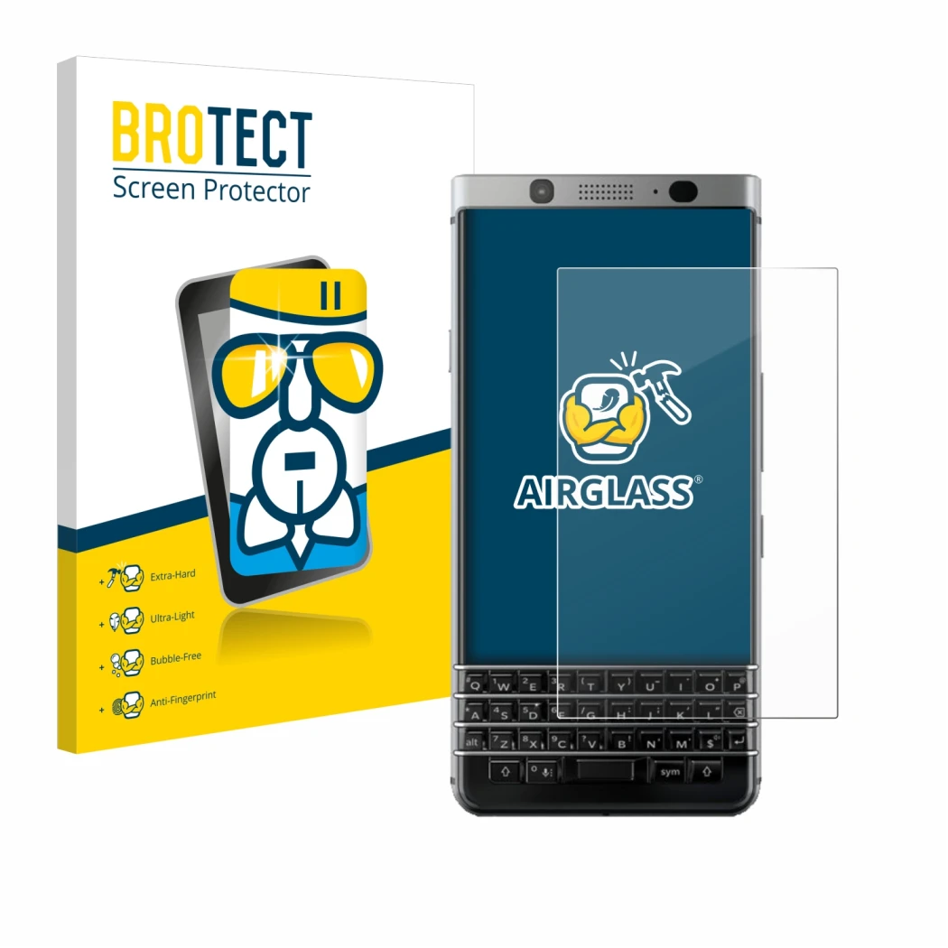 Front side of a product packaging with the brand logo BROTECT. Next to it is the device BlackBerry Keyone shown with the corre