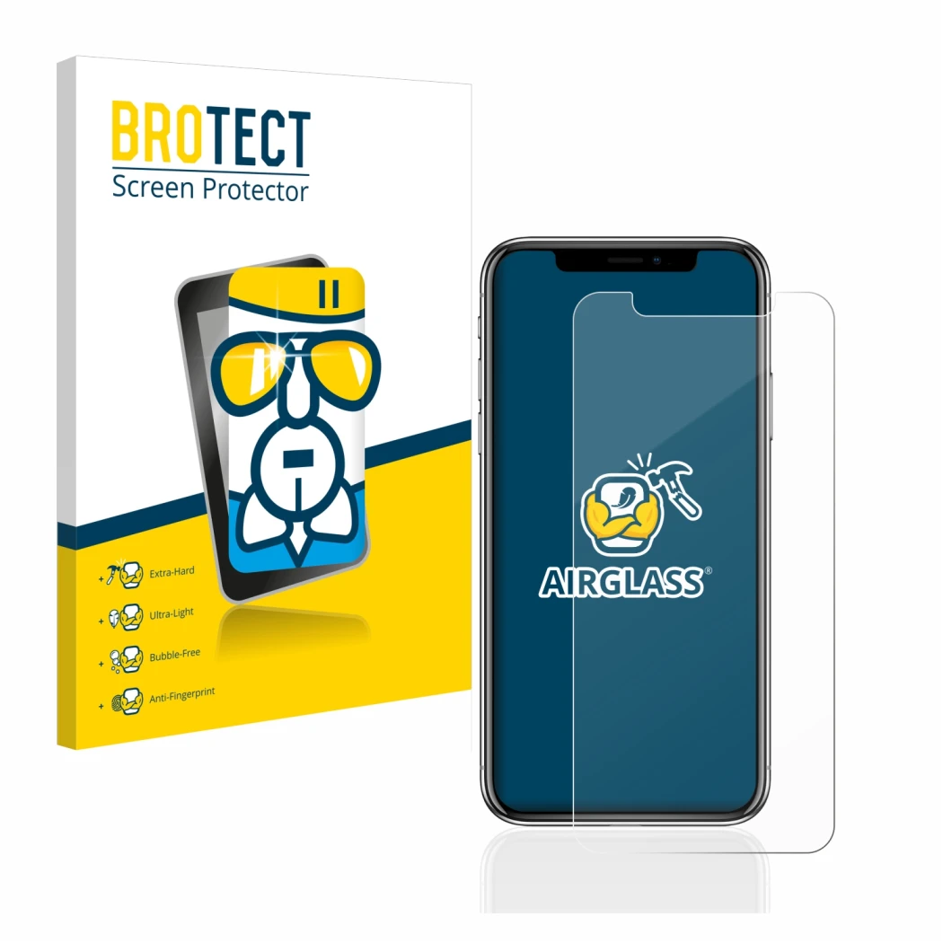 Front side of a product packaging with the brand logo BROTECT. Next to it is the device Apple iPhone X shown with the correspo