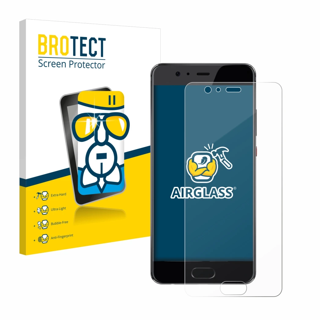 Front side of a product packaging with the brand logo BROTECT. Next to it is the device Huawei P10 Plus shown with the corresp