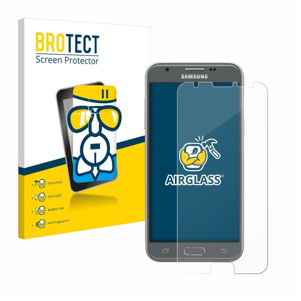 Front side of a product packaging with the brand logo BROTECT. Next to it is the device Samsung Galaxy J3 2017 shown with the
