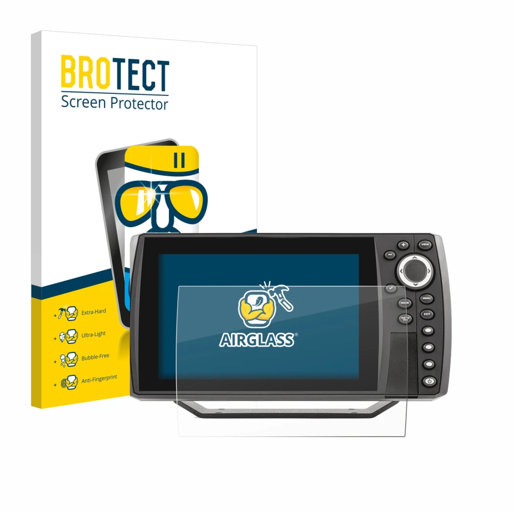 Front side of a product packaging with the brand logo BROTECT. Next to it is the device Humminbird Helix 7 shown with the corr