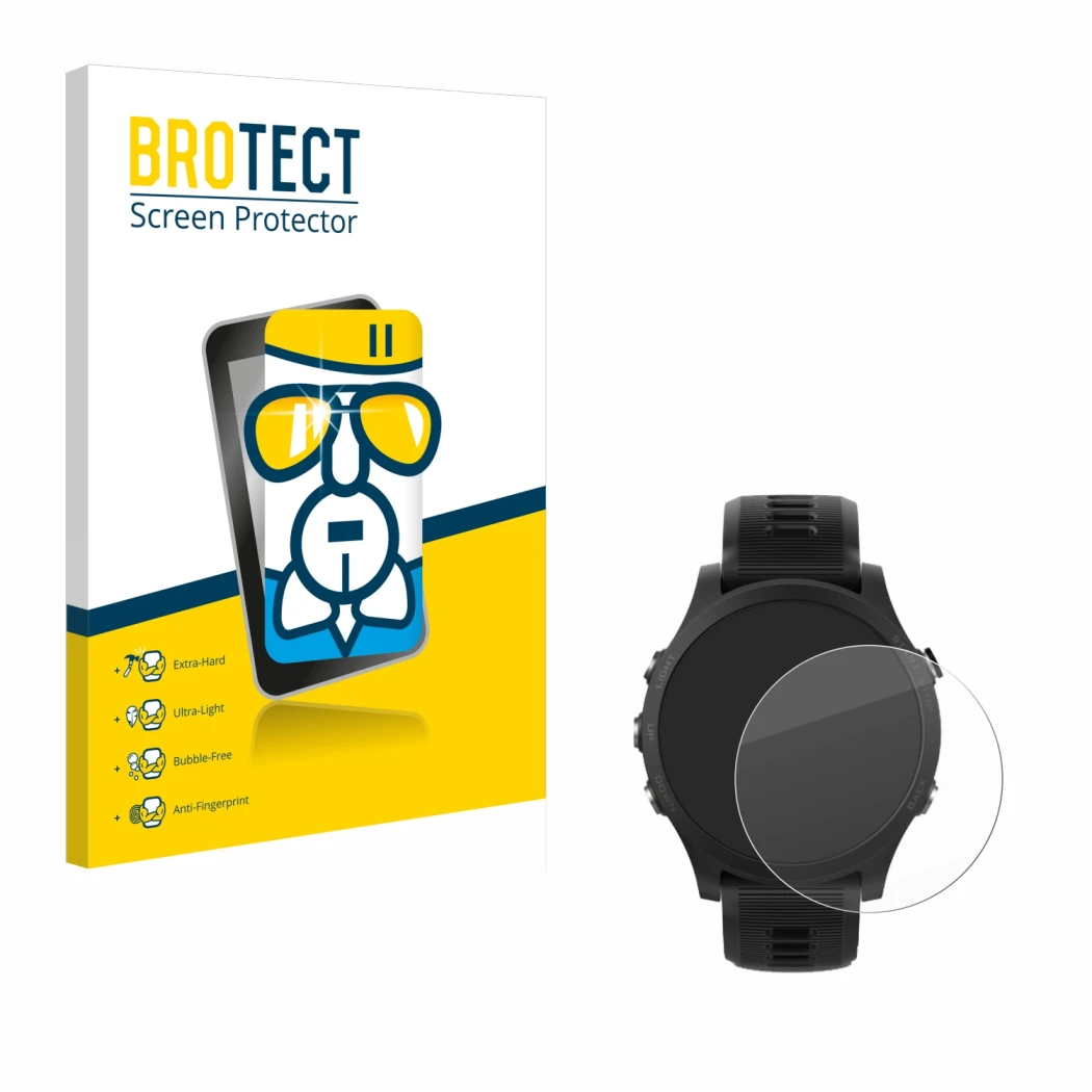 Front side of a product packaging with the brand logo BROTECT. Next to it is the device Garmin Forerunner 935 shown with the c