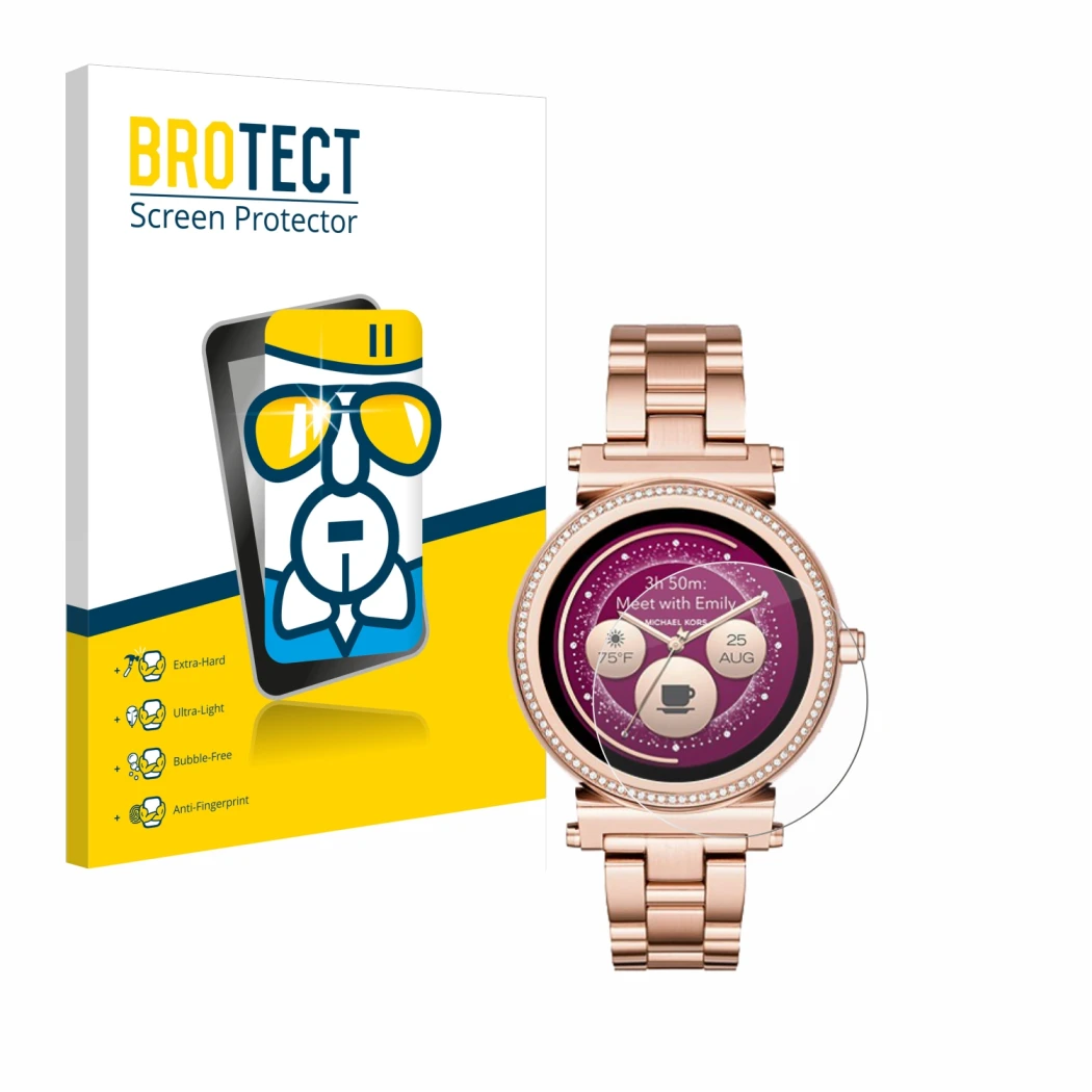 Front side of a product packaging with the brand logo BROTECT. Next to it is the device Michael Kors Access Sofie shown with t