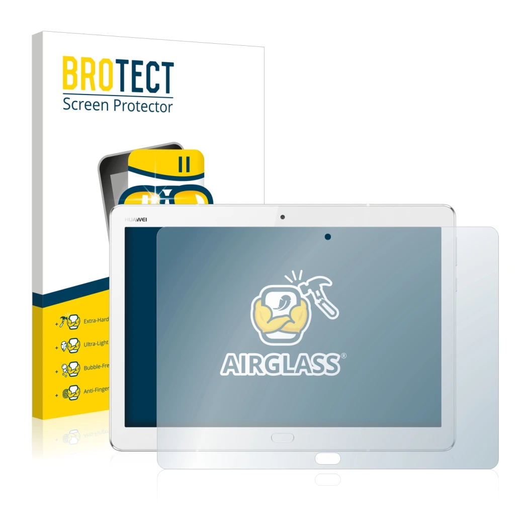 Front side of a product packaging with the brand logo BROTECT. Next to it is the device Huawei MediaPad M3 Lite 10.1 shown wit