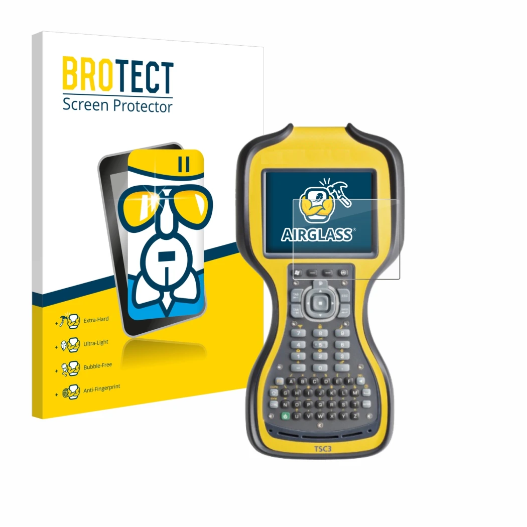 Front side of a product packaging with the brand logo BROTECT. Next to it is the device Trimble TSC3 shown with the correspond