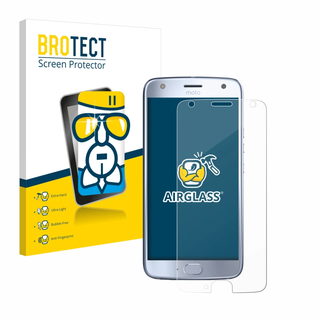 Front side of a product packaging with the brand logo BROTECT. Next to it is the device Motorola Moto X4 shown with the corres