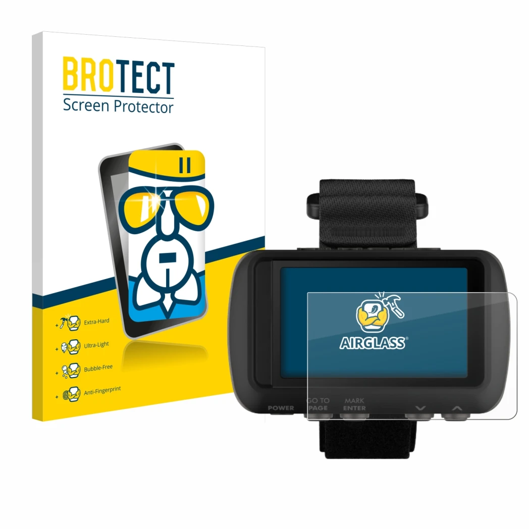 Front side of a product packaging with the brand logo BROTECT. Next to it is the device Garmin Foretrex 601 shown with the cor