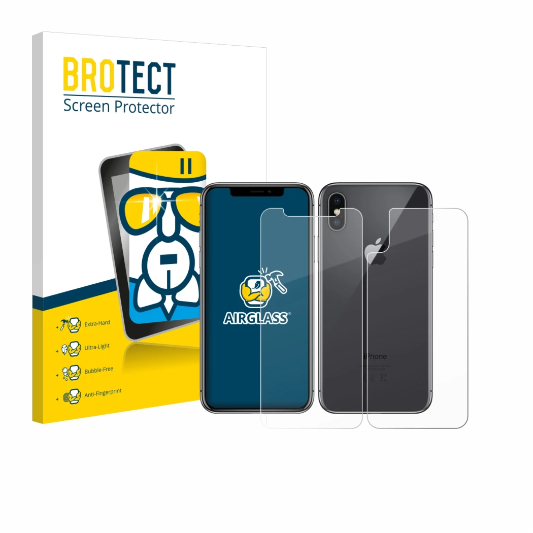 Front side of a product packaging with the brand logo BROTECT. Next to it is the device Apple iPhone X (Front+Back) shown with