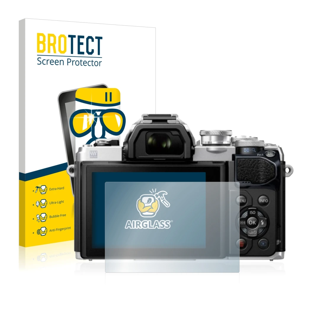 Front side of a product packaging with the brand logo BROTECT. Next to it is the device Olympus OM-D E-M10 Mark III shown with