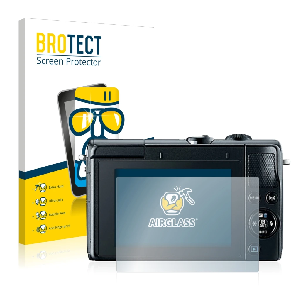 Front side of a product packaging with the brand logo BROTECT. Next to it is the device Canon EOS M100 shown with the correspo