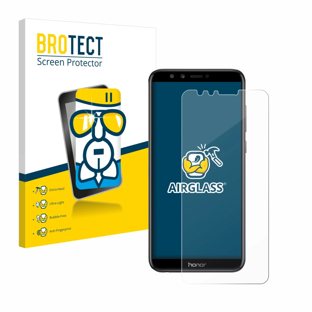 Front side of a product packaging with the brand logo BROTECT. Next to it is the device Honor 9 Lite shown with the correspond