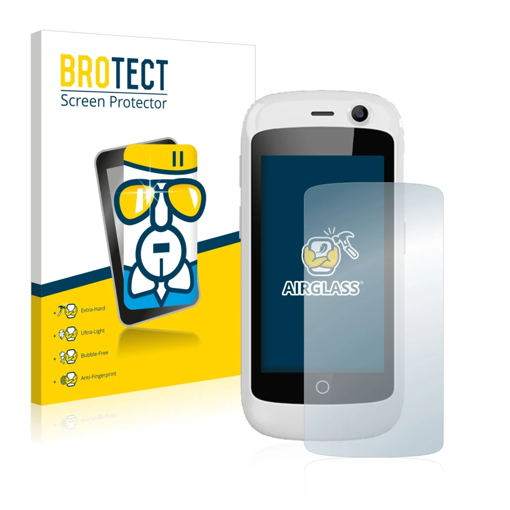 Front side of a product packaging with the brand logo BROTECT. Next to it is the device Unihertz Jelly Pro shown with the corr