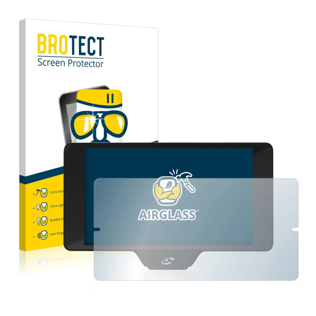 Front side of a product packaging with the brand logo BROTECT. Next to it is the device Coyote Nav+ 2017 shown with the corres