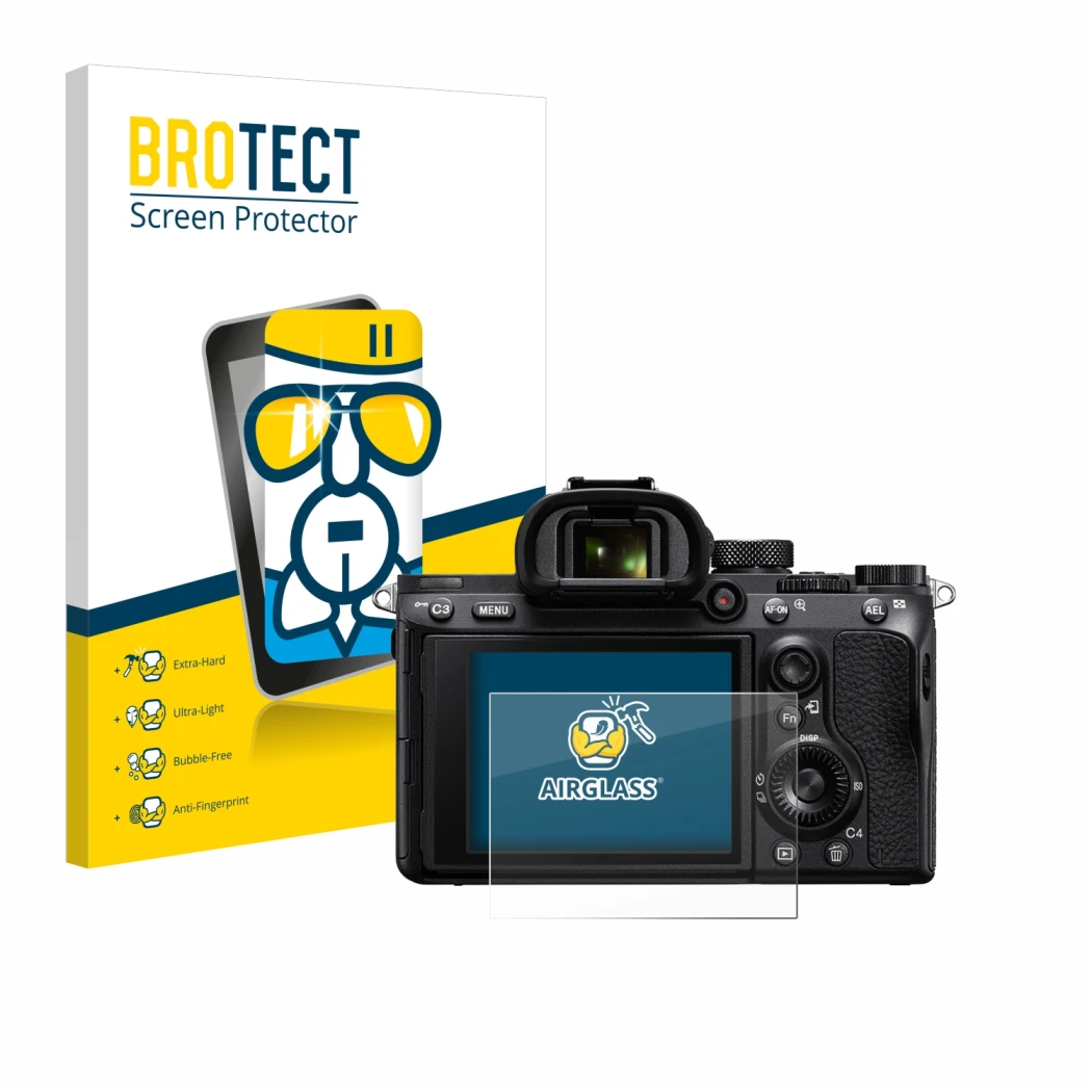 Front side of a product packaging with the brand logo BROTECT. Next to it is the device Sony Alpha 7 III (ILCE-7M3) shown with