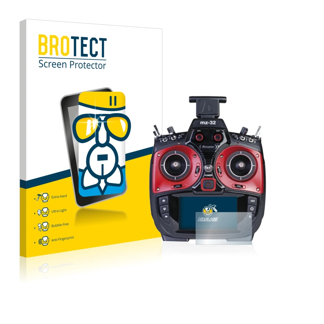 Front side of a product packaging with the brand logo BROTECT. Next to it is the device Graupner MZ-32 (3.Gen) shown with the 