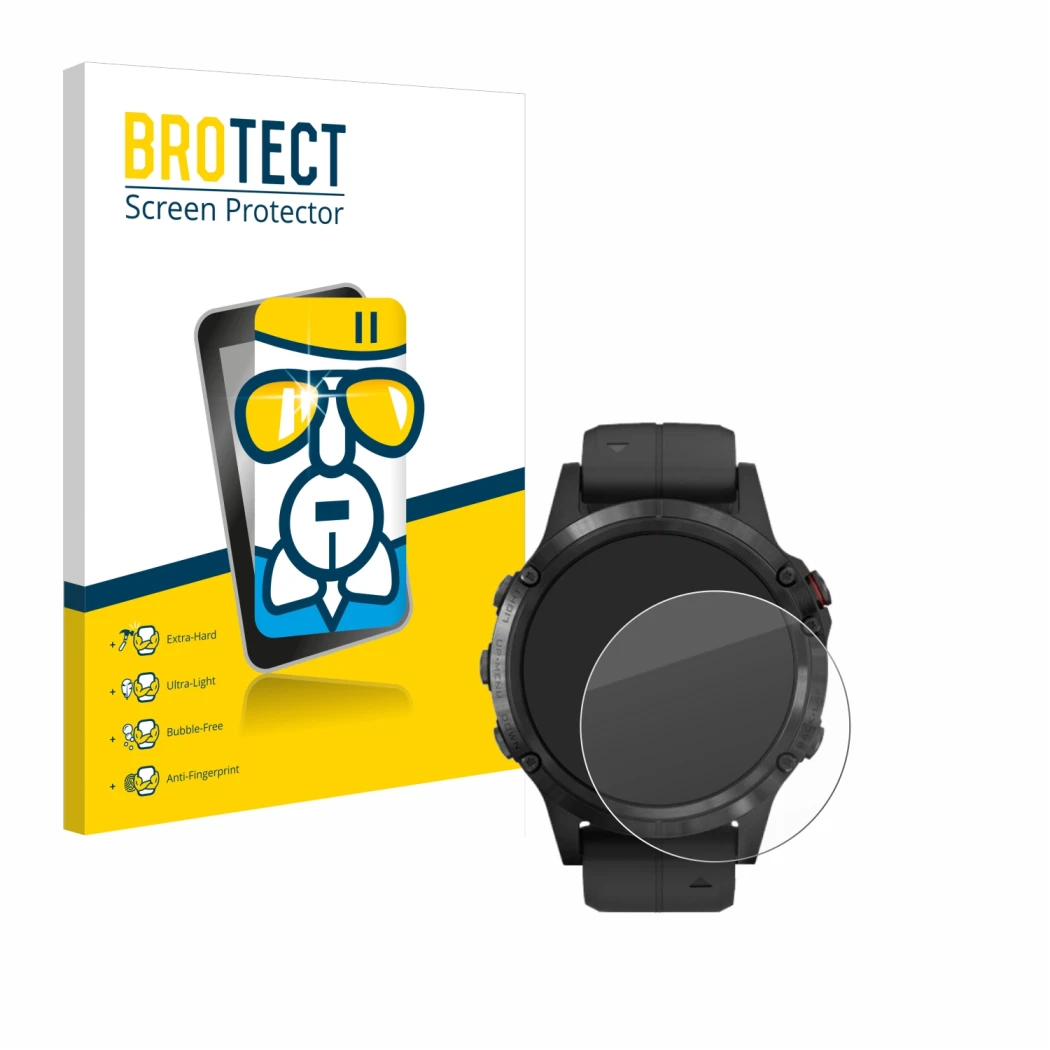Front side of a product packaging with the brand logo BROTECT. Next to it is the device Garmin Fenix 5 Plus (47 mm) shown with