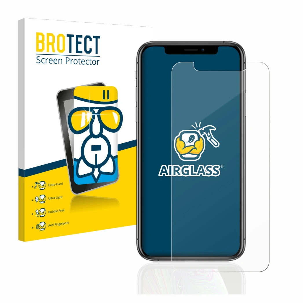 Front side of a product packaging with the brand logo BROTECT. Next to it is the device Apple iPhone Xs shown with the corresp