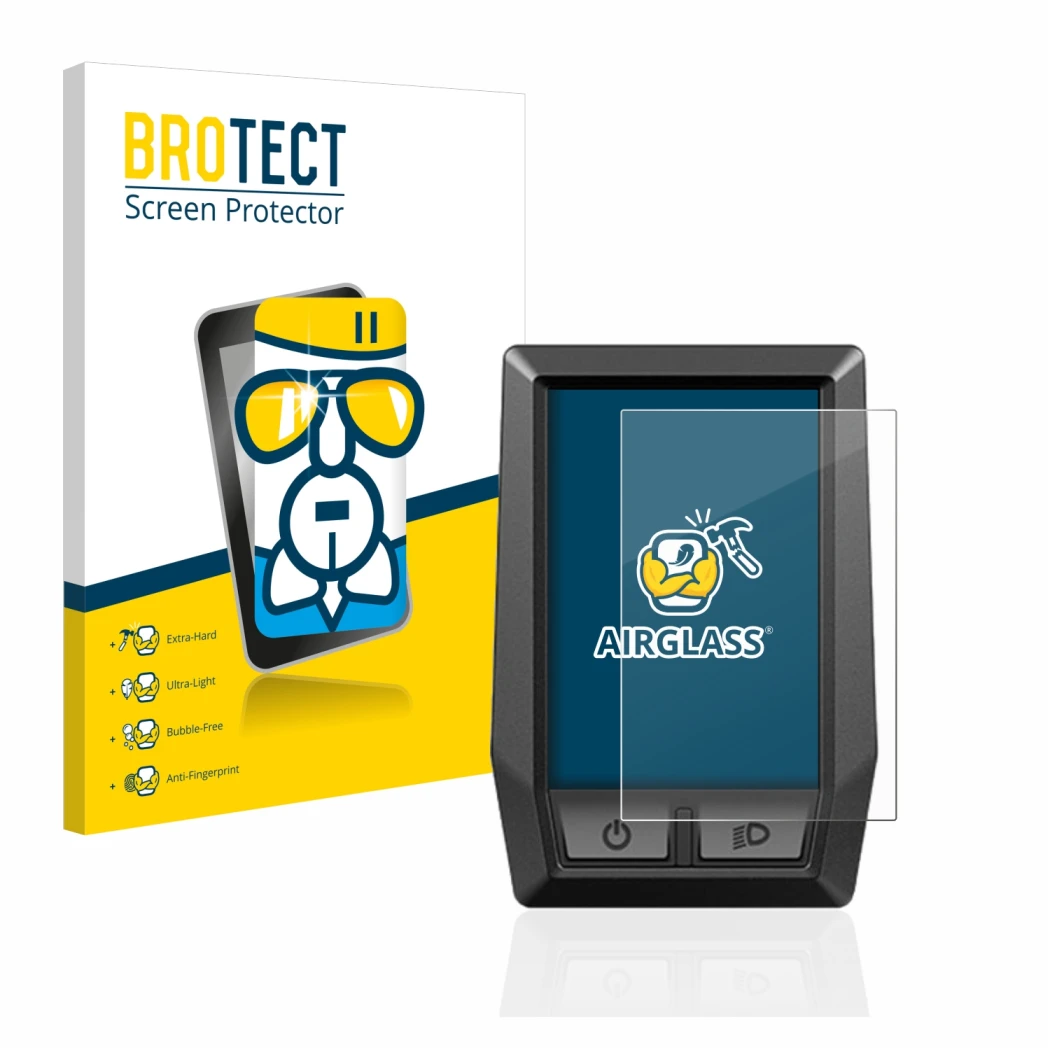 Front side of a product packaging with the brand logo BROTECT. Next to it is the device Bosch Kiox shown with the correspondin