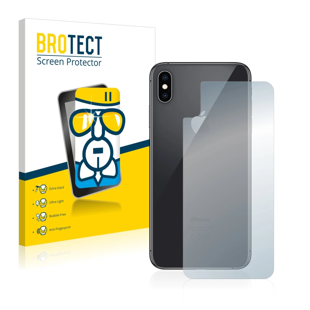 Front side of a product packaging with the brand logo BROTECT. Next to it is the device Apple iPhone Xs Max (Back) shown with