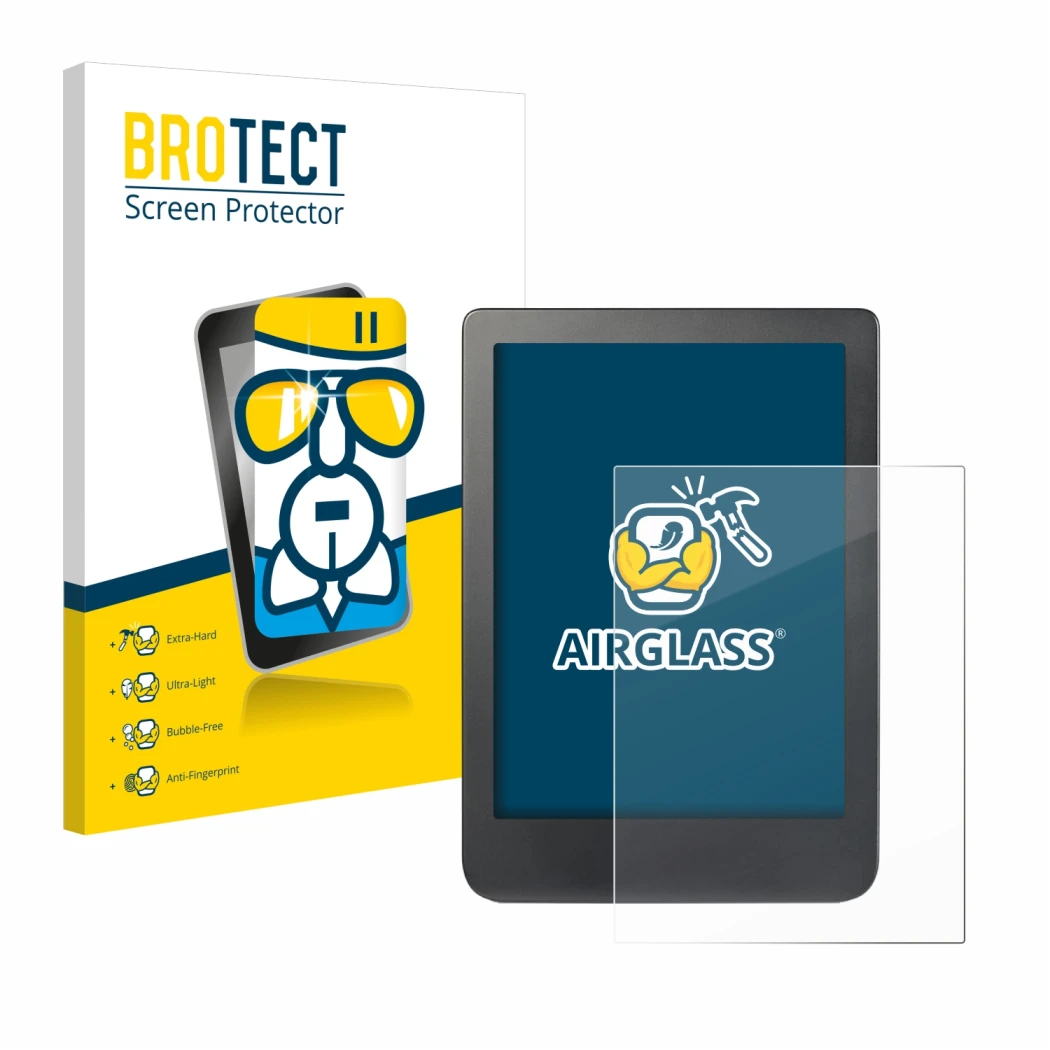 Front side of a product packaging with the brand logo BROTECT. Next to it is the device Kobo Clara HD (6