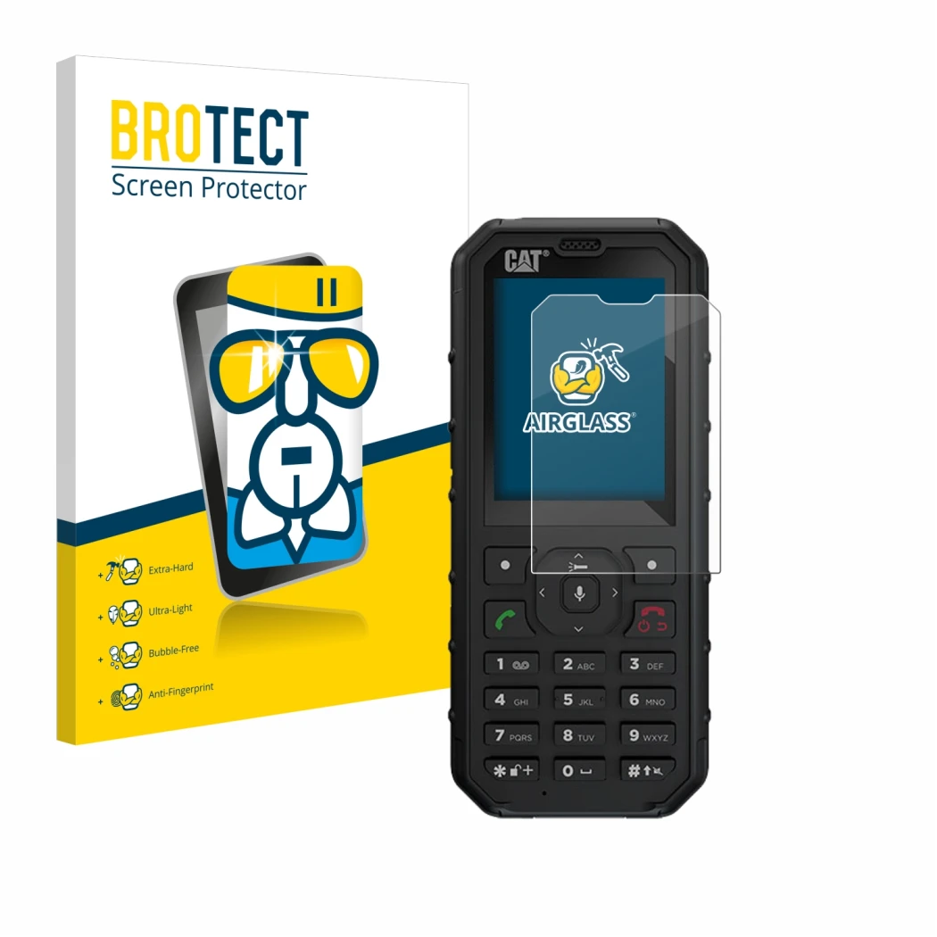 Front side of a product packaging with the brand logo BROTECT. Next to it is the device Caterpillar Cat B35 shown with the cor