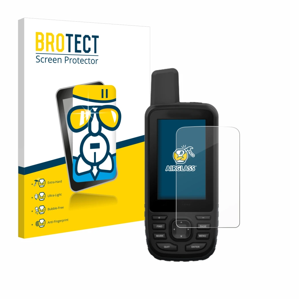 Front side of a product packaging with the brand logo BROTECT. Next to it is the device Garmin GPSMAP 66st shown with the corr