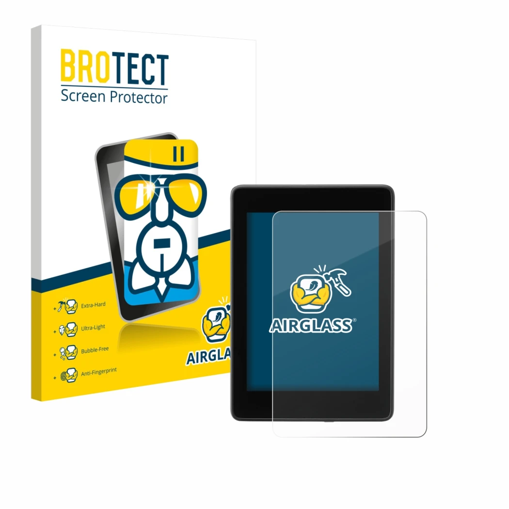 Front side of a product packaging with the brand logo BROTECT. Next to it is the device Amazon Kindle Paperwhite 2018 (10th Ge
